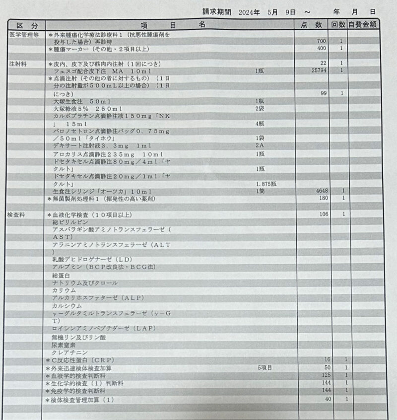 抗がん剤（3回目）の費用明細書