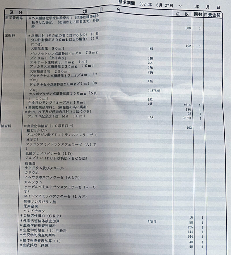 抗がん剤（5回目）の費用明細書